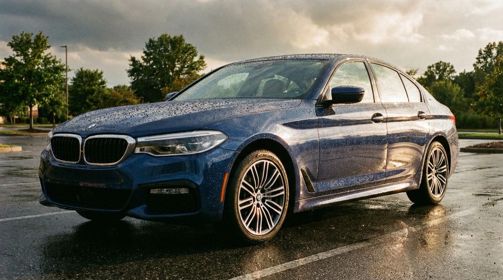 Ceramic coated car covered in water beads after rain demonstrating hydrophobic paint protection