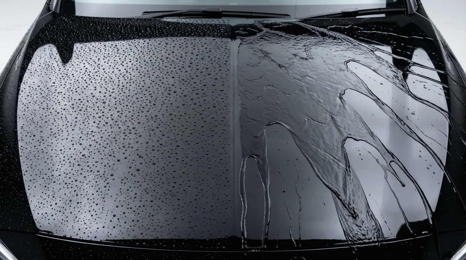 Graphene coating vs ceramic coating water behaviour comparison on black car paint panels