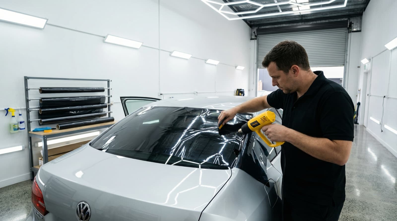 Professional window tint installer applying film in a Sydney detailing workshop
