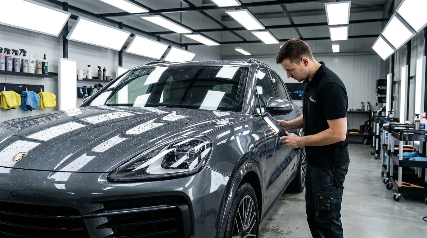 New car in a professional detailing workshop being prepared for ceramic coating and paint protection film