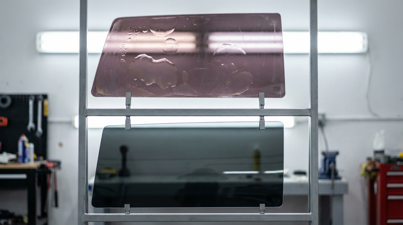 Purpled dyed window tint vs colour-stable ceramic tint showing degradation difference