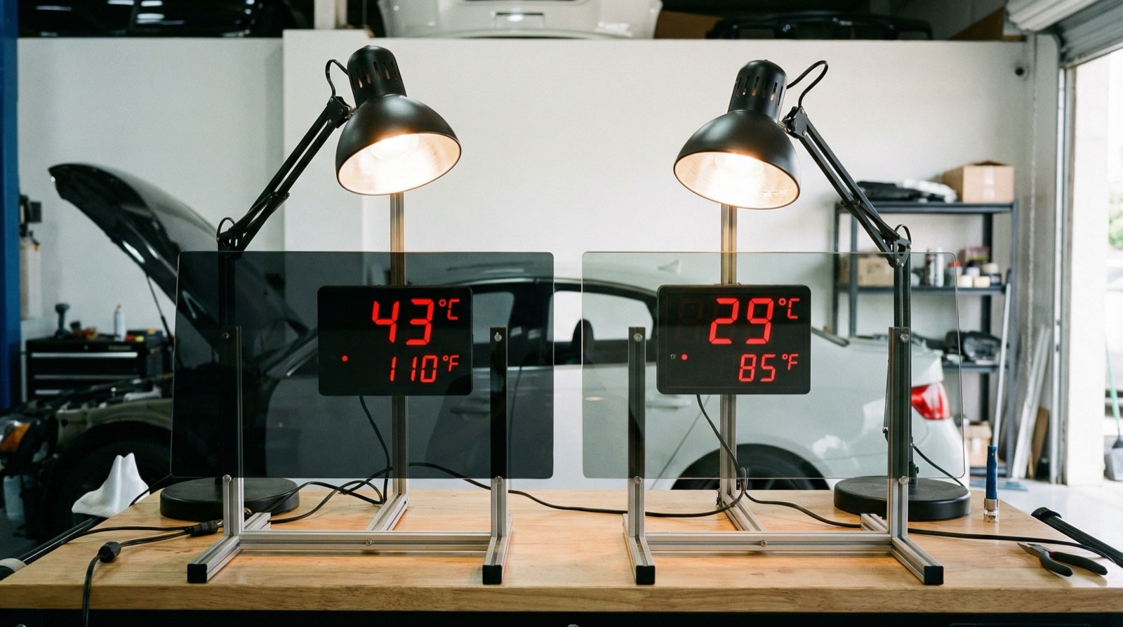 Heat rejection demonstration comparing dyed film vs ceramic window tint thermal performance