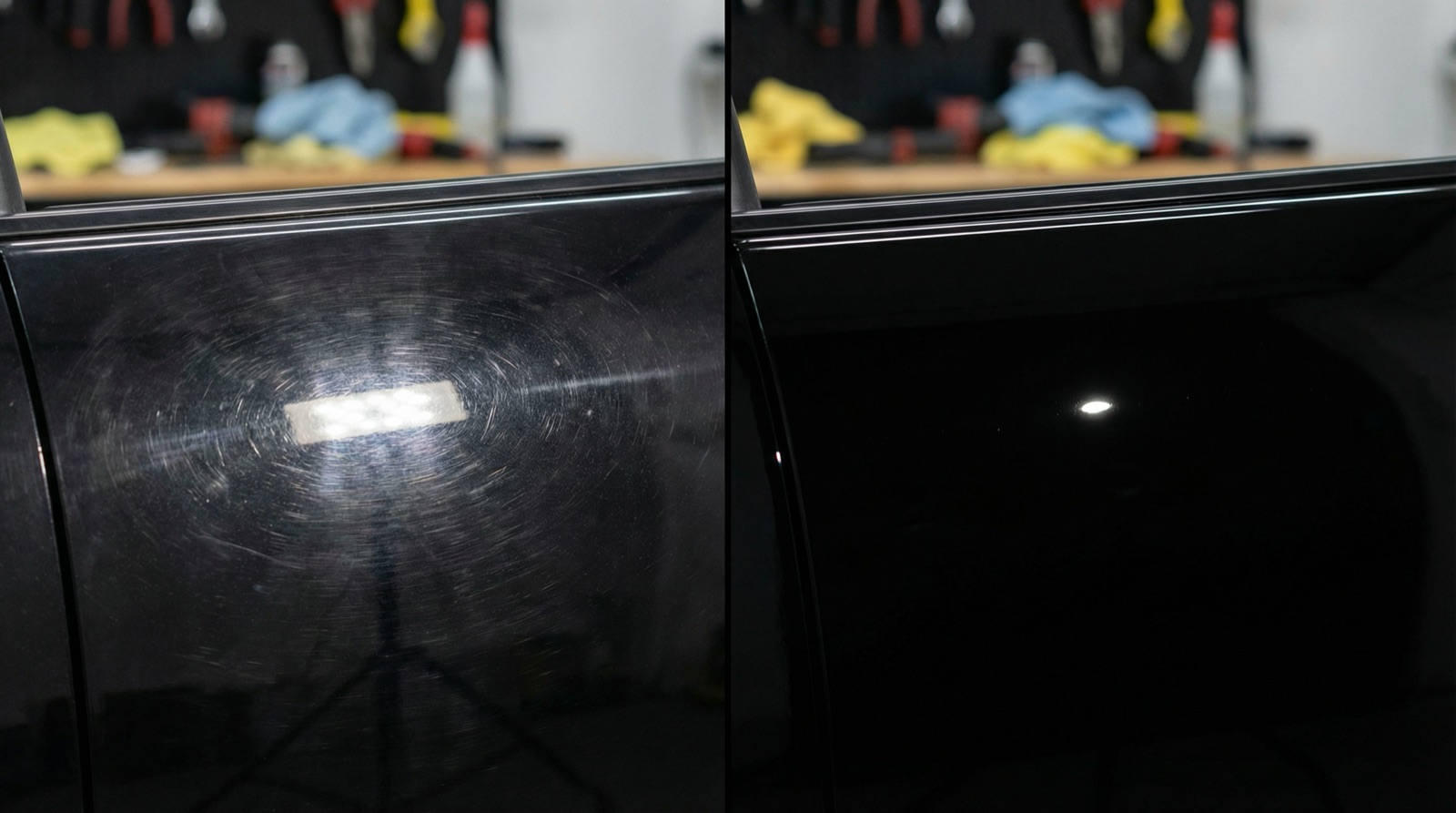 Before and after paint correction and ceramic coating under LED inspection light showing swirl mark removal