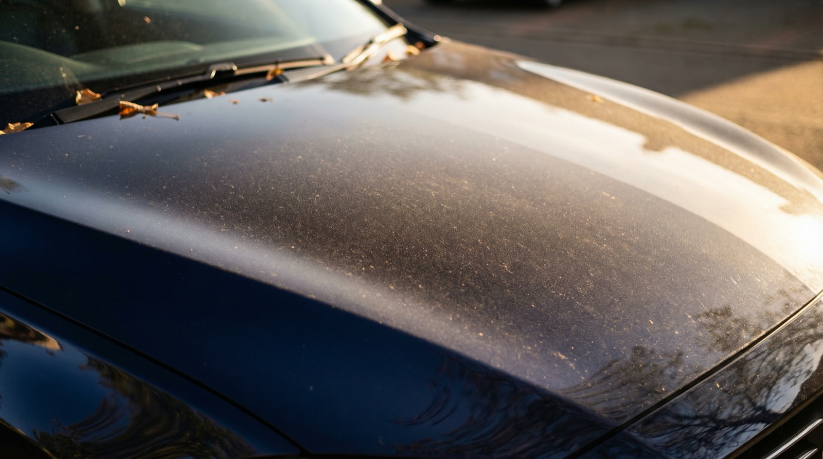 Fine dust accumulation on coated car bonnet showing how coating reduces dust adhesion