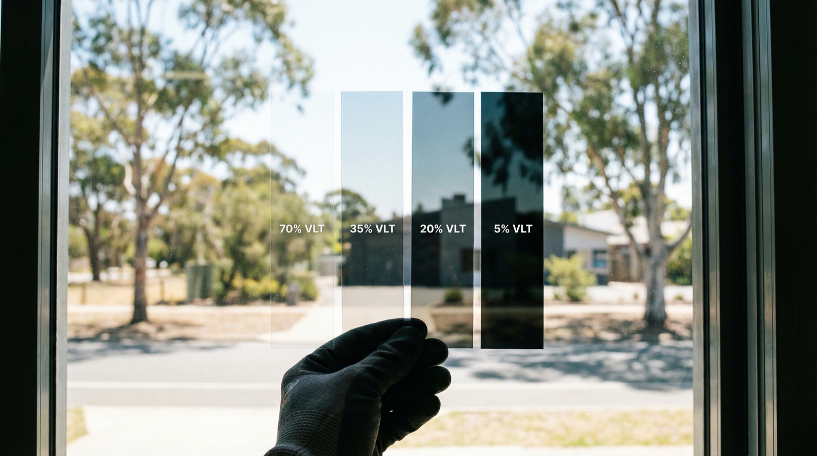 Window tint VLT comparison showing 5%, 20%, 35% and 70% visible light transmission levels side by side