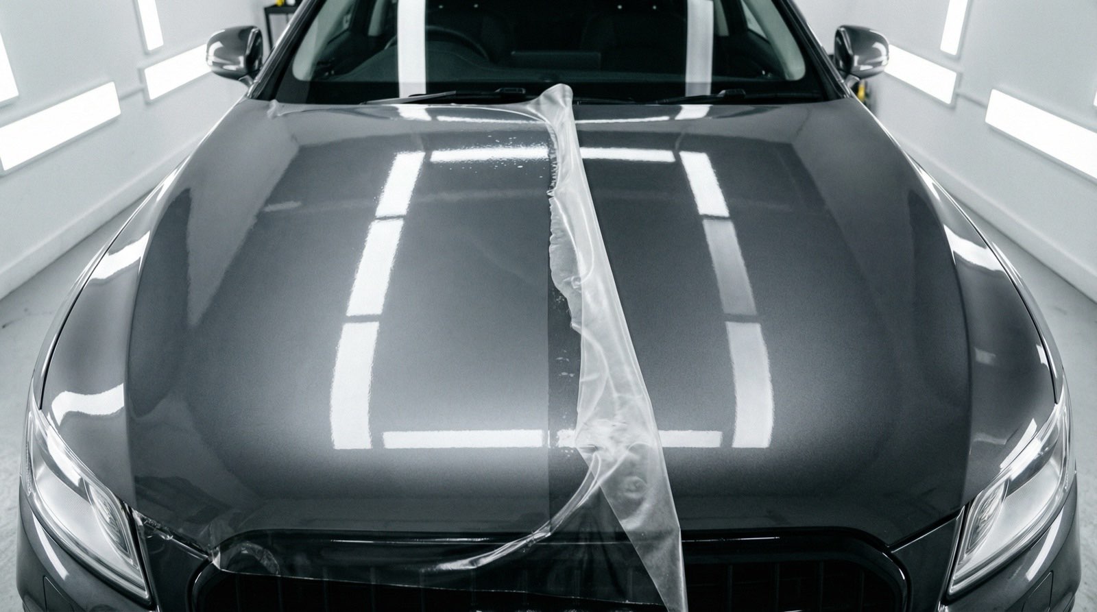 Car bonnet with paint protection film halfway installed showing the difference between PPF-covered and bare paint