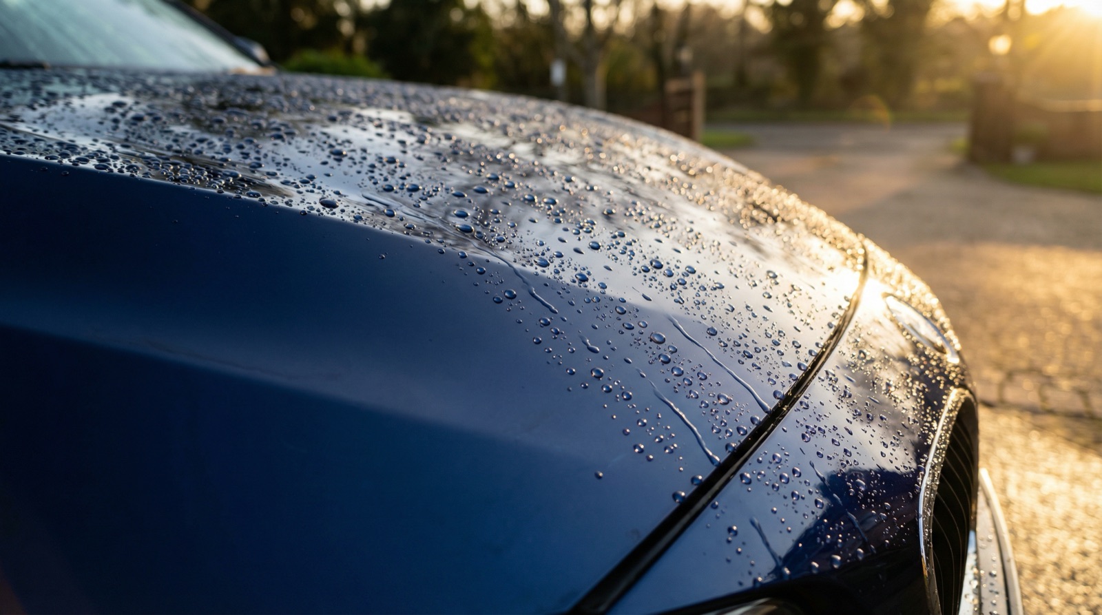 Water beading on PPF with ceramic coating applied on top showing combined hydrophobic protection