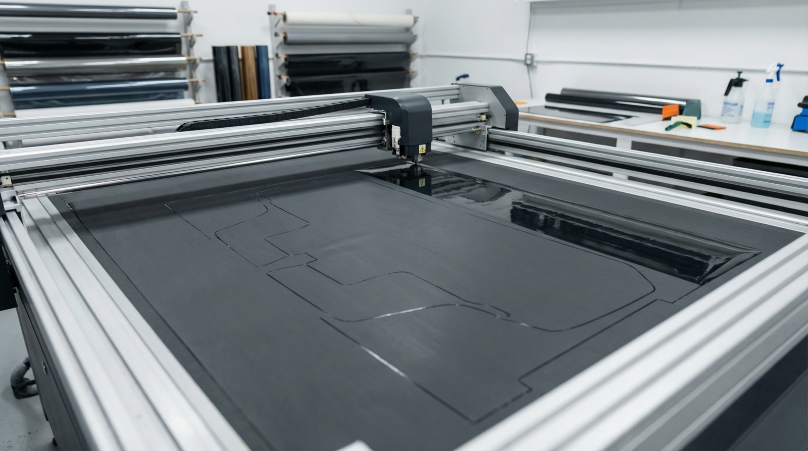 Digital plotter cutting window tint film to a precise vehicle-specific template