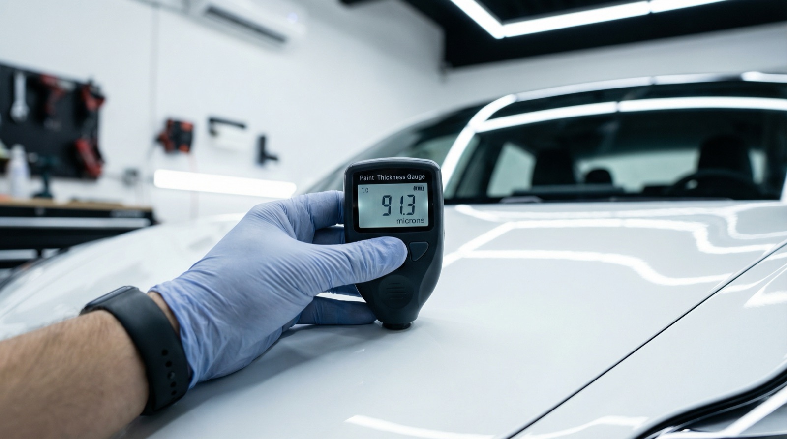 Paint thickness gauge reading on Tesla Model 3 bonnet showing thin 90 micron paint measurement